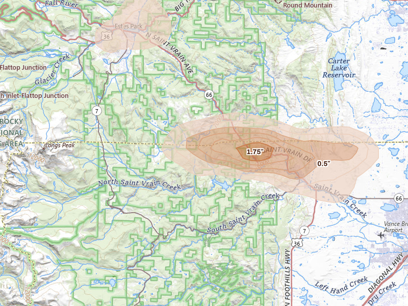 Radar-estimated hail-size map of the storm over Lyons, CO on Jul 28, 2026