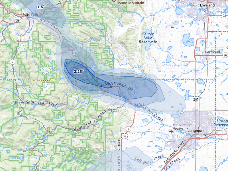 NEXRAD radar-signature map of the hail storm over Lyons, CO on Jul 28, 2026
