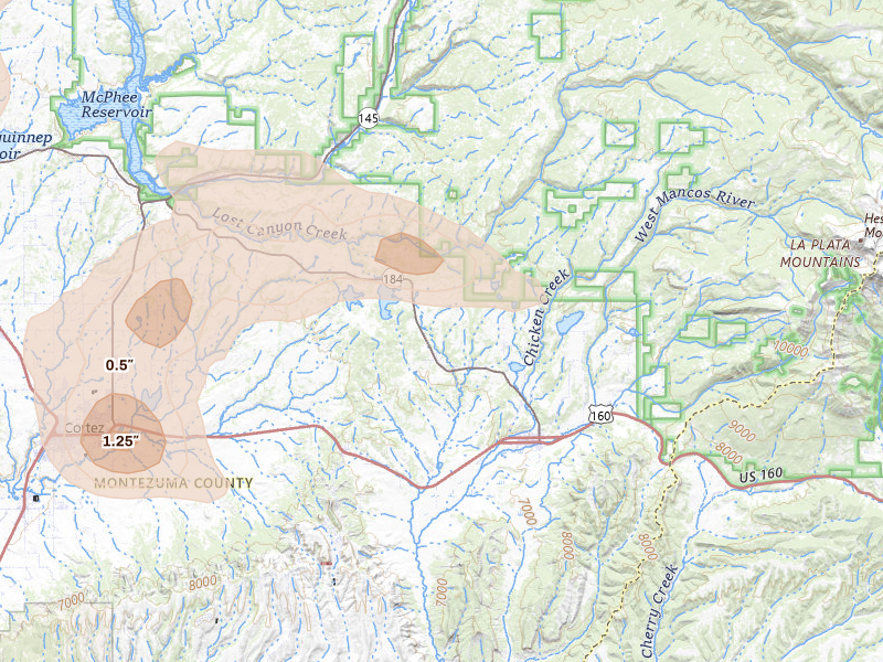 Radar-estimated hail-size map of the storm over Mancos, CO on Jul 21, 2026