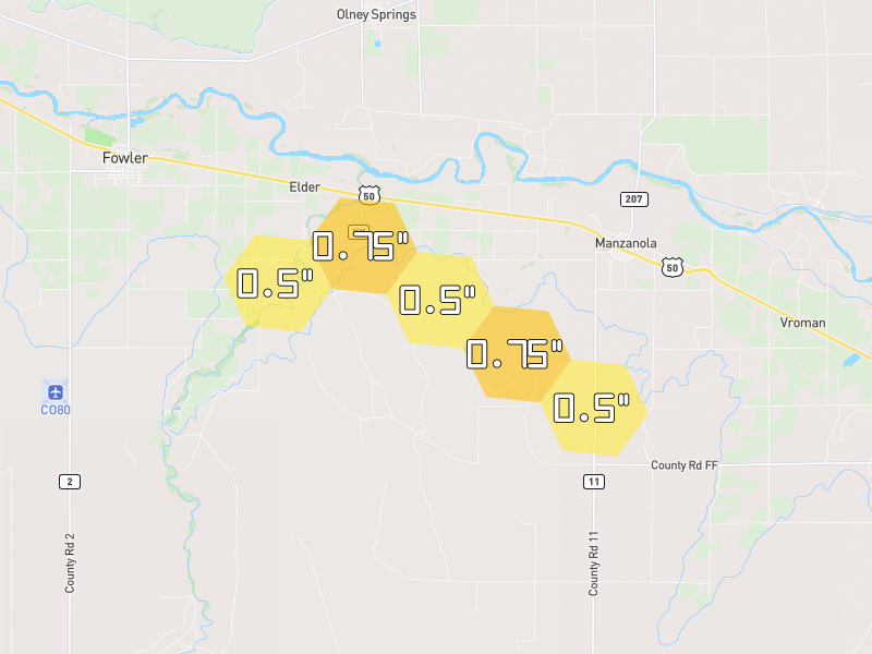 Hail map of Manzanola, CO on Jul 28, 2026, hail up to 0.75"