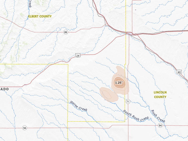 Radar-estimated hail-size map of the storm over Matheson, CO on Jul 23, 2026