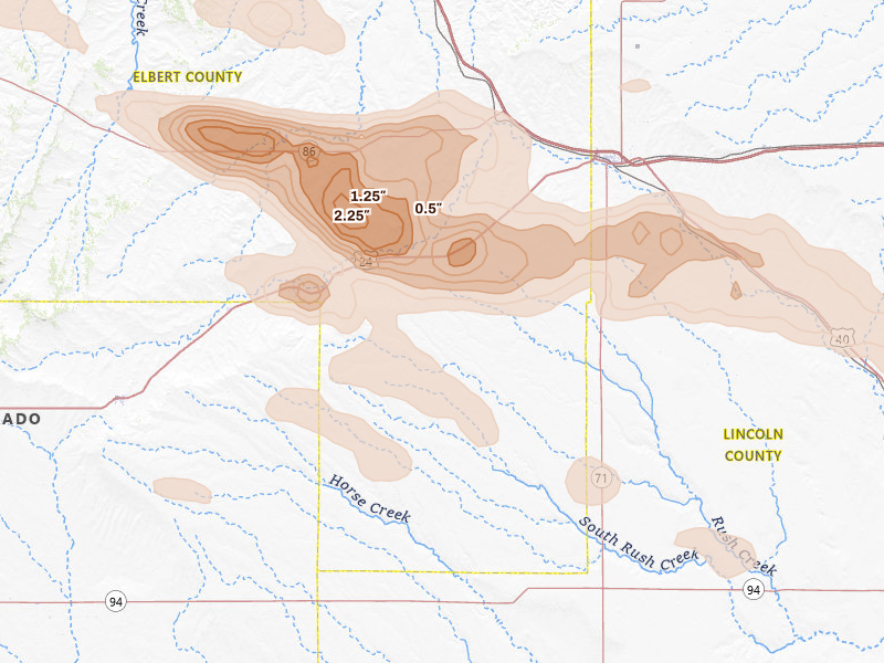 Radar-estimated hail-size map of the storm over Matheson, CO on Aug 18, 2026