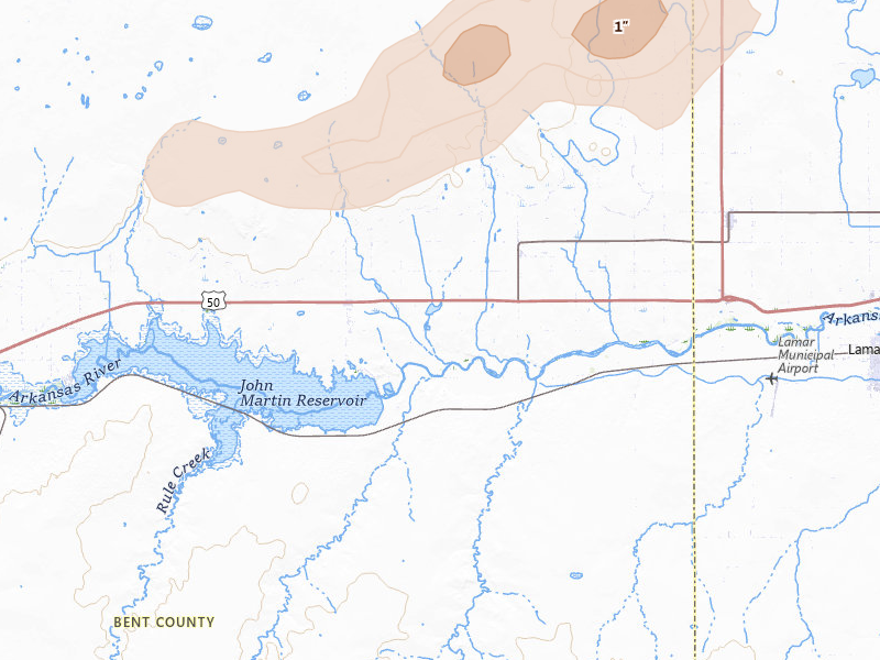 Radar-estimated hail-size map of the storm over Mc Clave, CO on Jul 23, 2026