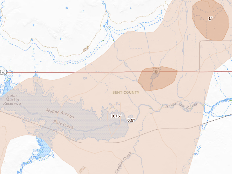 Radar-estimated hail-size map of the storm over Mc Clave, CO on Aug 14, 2026