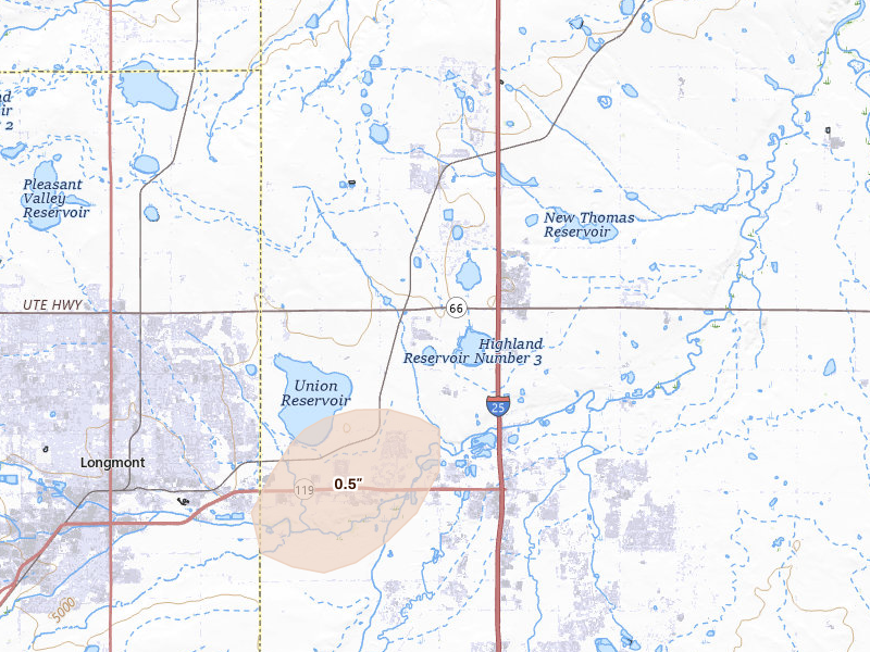 Radar-estimated hail-size map of the storm over Mead, CO on Jun 1, 2026