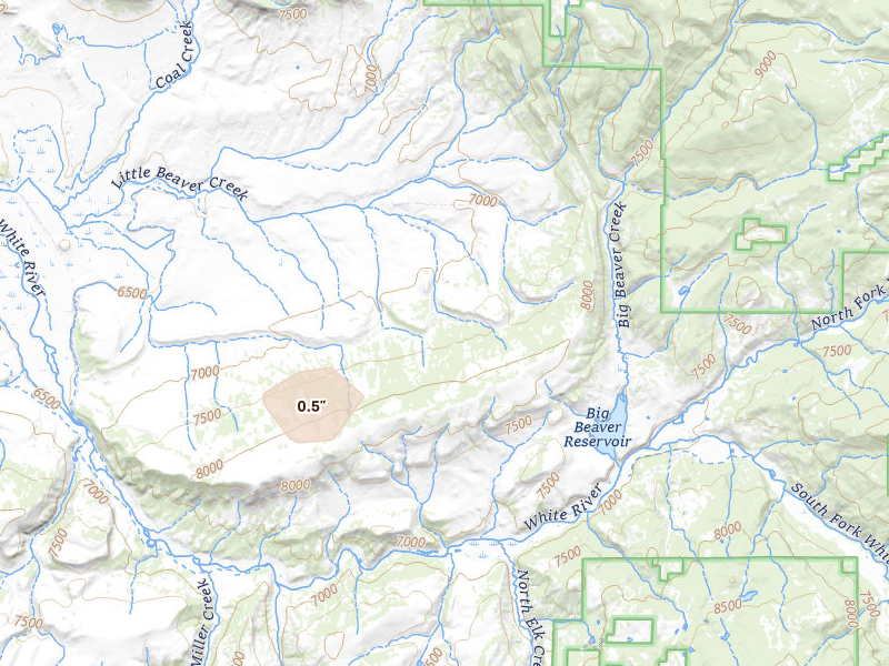Radar-estimated hail-size map of the storm over Meeker, CO on Jul 8, 2026