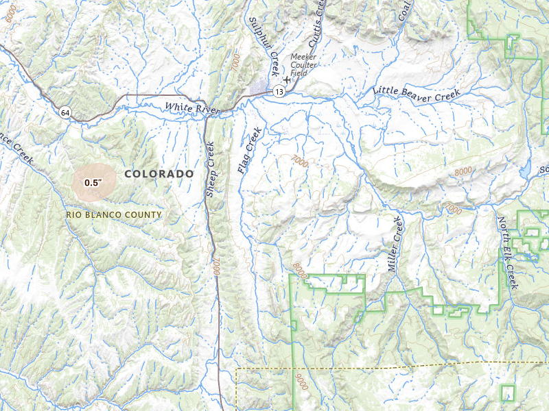 Radar-estimated hail-size map of the storm over Meeker, CO on Jul 24, 2026