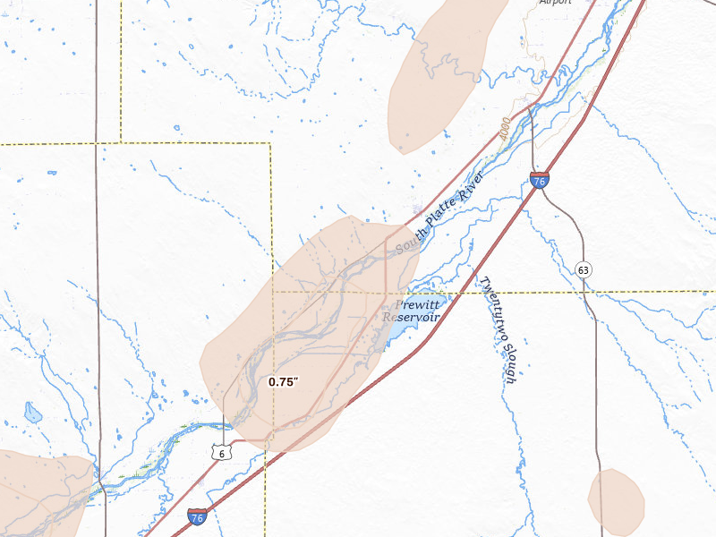 Radar-estimated hail-size map of the storm over Merino, CO on Jun 8, 2026