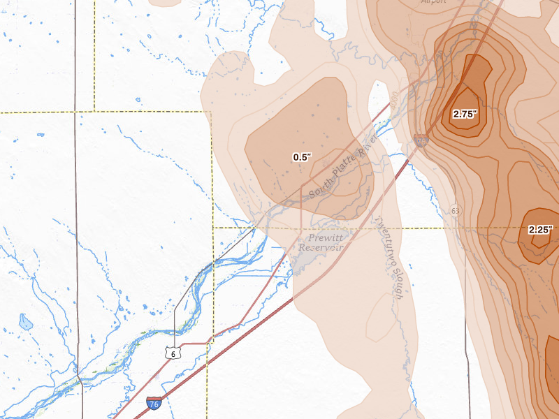 Radar-estimated hail-size map of the storm over Merino, CO on Jun 22, 2026