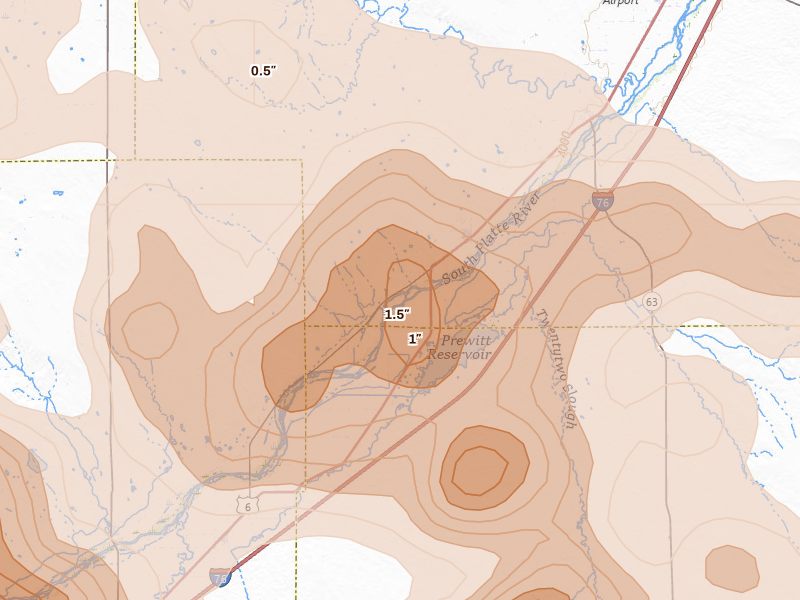 Radar-estimated hail-size map of the storm over Merino, CO on Jun 24, 2026
