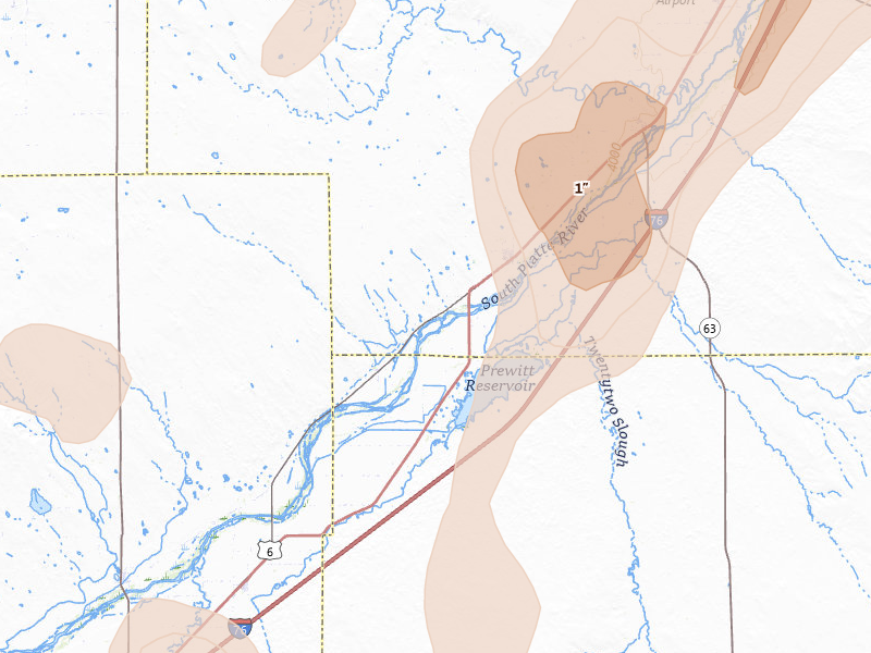 Radar-estimated hail-size map of the storm over Merino, CO on Jul 22, 2026