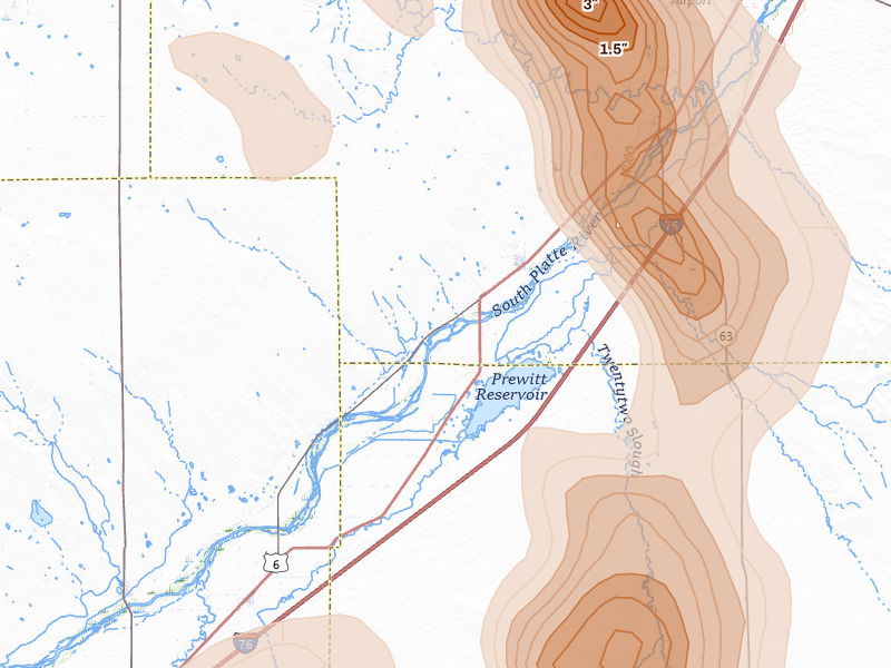 Radar-estimated hail-size map of the storm over Merino, CO on Jul 28, 2026