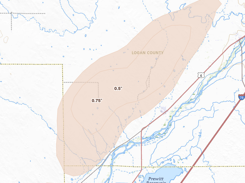 Radar-estimated hail-size map of the storm over Merino, CO on Aug 12, 2026