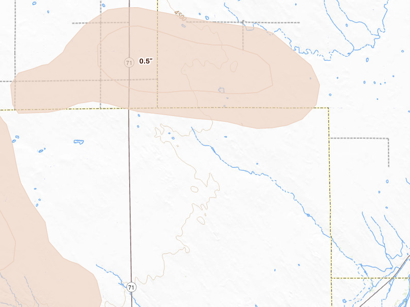 Radar-estimated hail-size map of the storm over Merino, CO on Aug 16, 2026