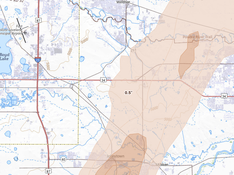 Radar-estimated hail-size map of the storm over Milliken, CO on Jul 1, 2026