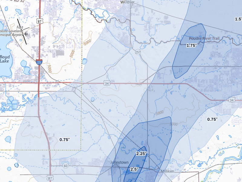NEXRAD radar-signature map of the hail over Milliken, CO