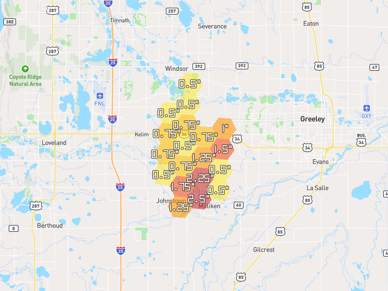 Hail map of Milliken, CO on Jul 2, 2026, hail up to 2.5"