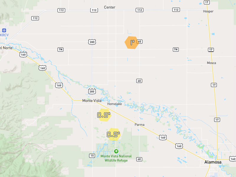 Hail map of Monte Vista, CO on Jul 28, 2026, hail up to 1"