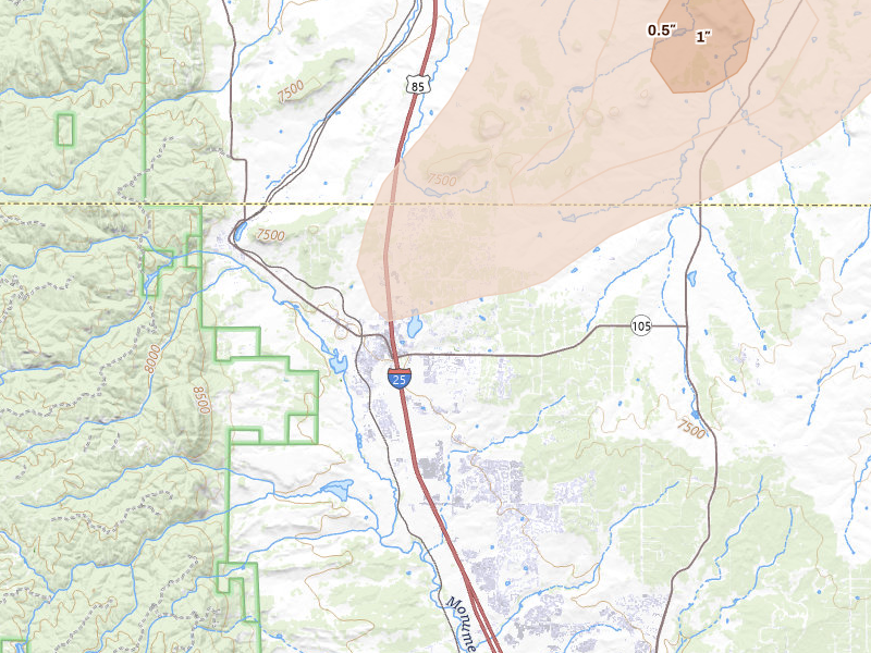 Radar-estimated hail-size map of the storm over Monument, CO on Jun 1, 2026