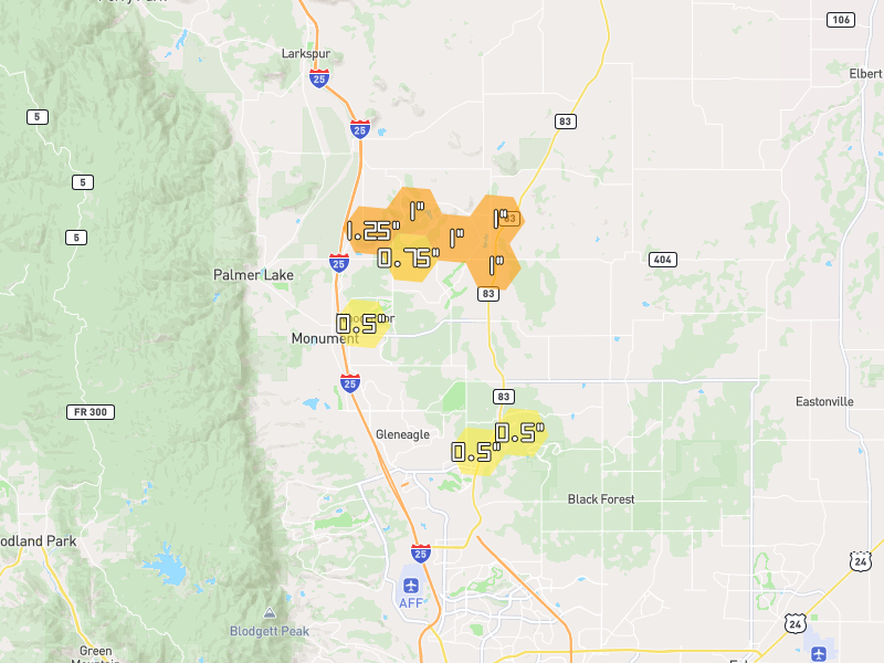 Hail map of Monument, CO on Jun 1, 2026, hail up to 1.25"