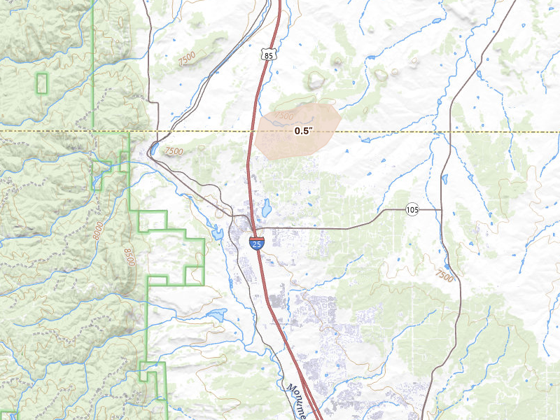 Radar-estimated hail-size map of the storm over Monument, CO on Jul 4, 2026
