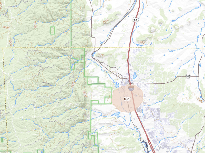 Radar-estimated hail-size map of the storm over Monument, CO on Jul 31, 2026