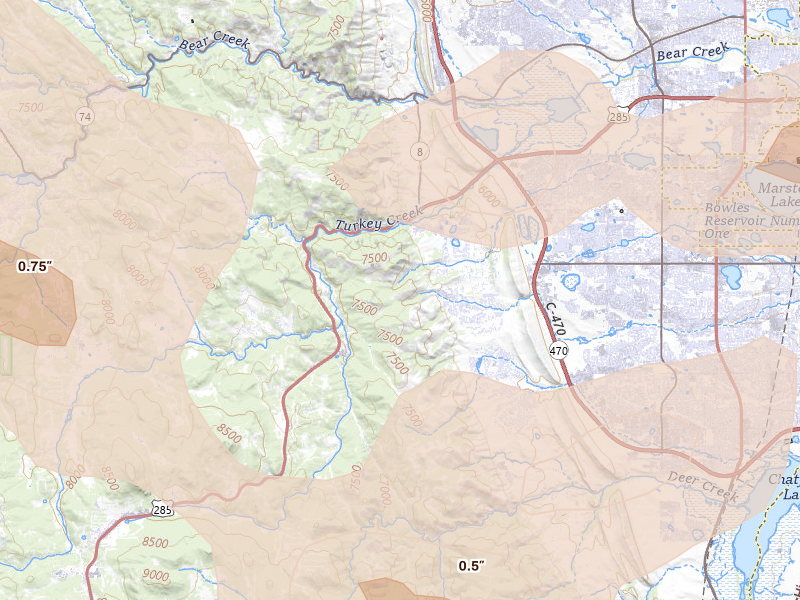 Radar-estimated hail-size map of the storm over Morrison, CO on Jun 24, 2026