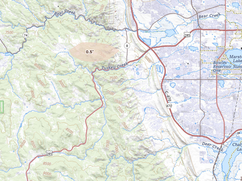 Radar-estimated hail-size map of the storm over Morrison, CO on Aug 13, 2026