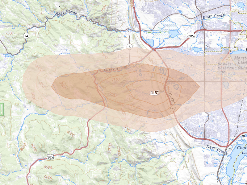 Radar-estimated hail-size map of the storm over Morrison, CO on Aug 15, 2026