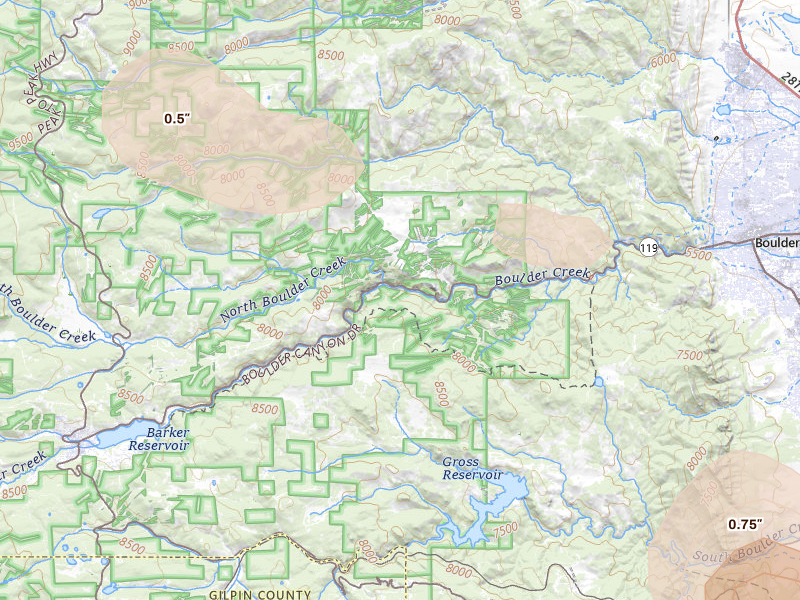 Radar-estimated hail-size map of the storm over Nederland, CO on Jul 24, 2026
