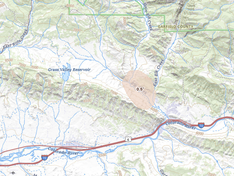 Radar-estimated hail-size map of the storm over New Castle, CO on Jul 20, 2026