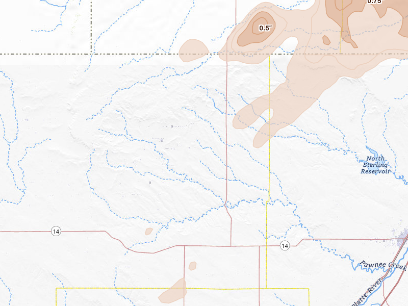 Radar-estimated hail-size map of the storm over New Raymer, CO on Jun 7, 2026