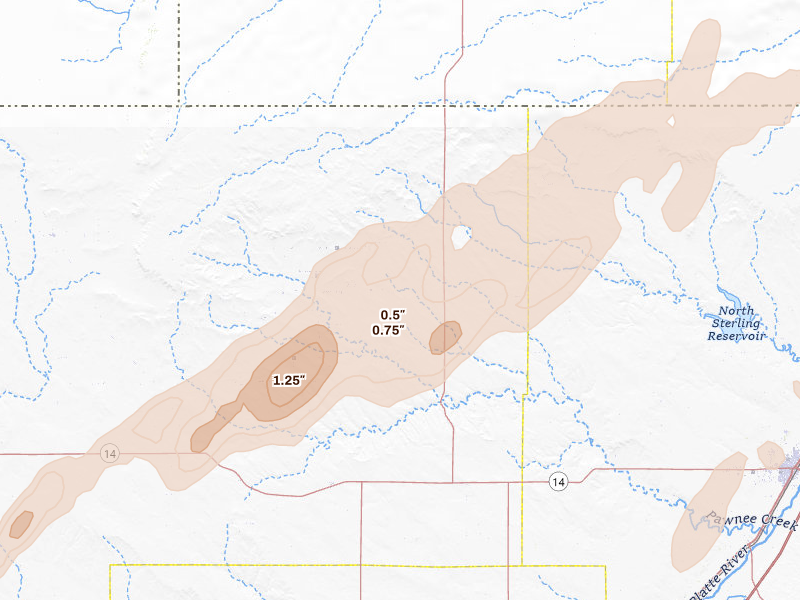 Radar-estimated hail-size map of the storm over New Raymer, CO on Jun 8, 2026