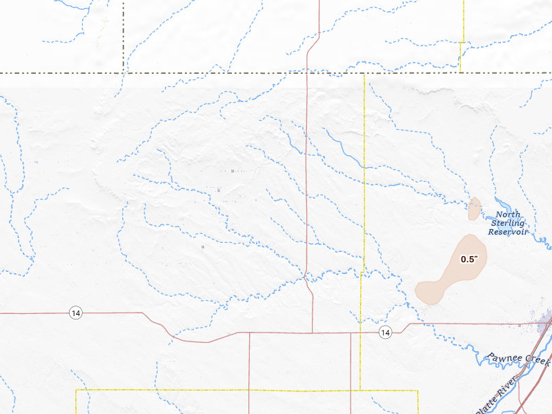 Radar-estimated hail-size map of the storm over New Raymer, CO on Jun 9, 2026