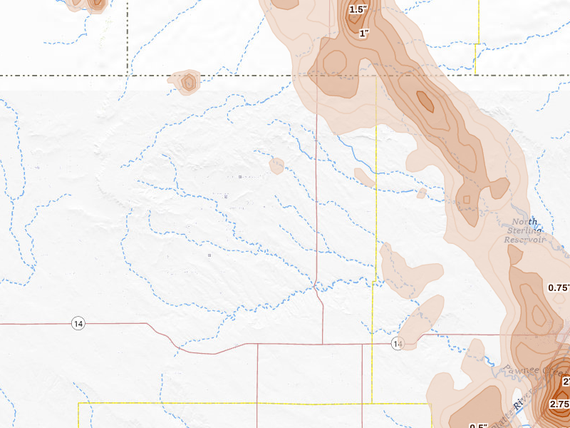Radar-estimated hail-size map of the storm over New Raymer, CO on Jun 22, 2026