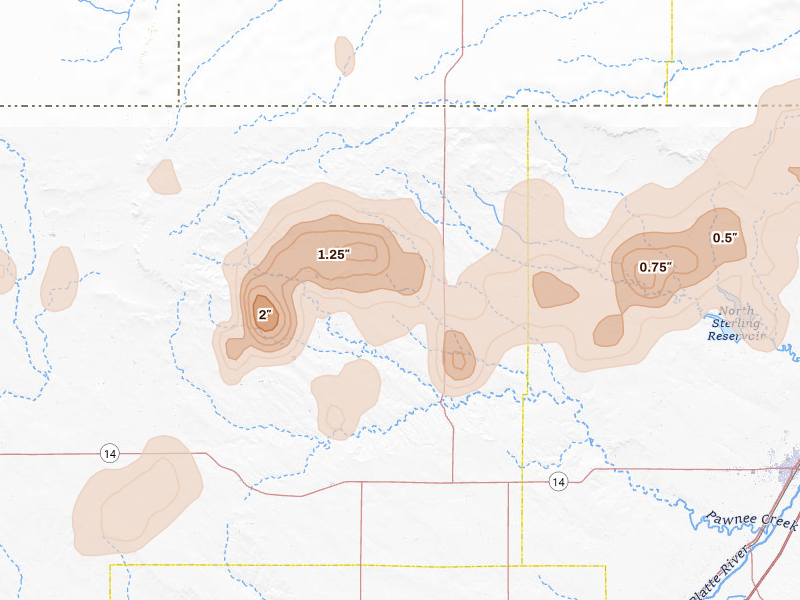 Radar-estimated hail-size map of the storm over New Raymer, CO on Jul 1, 2026