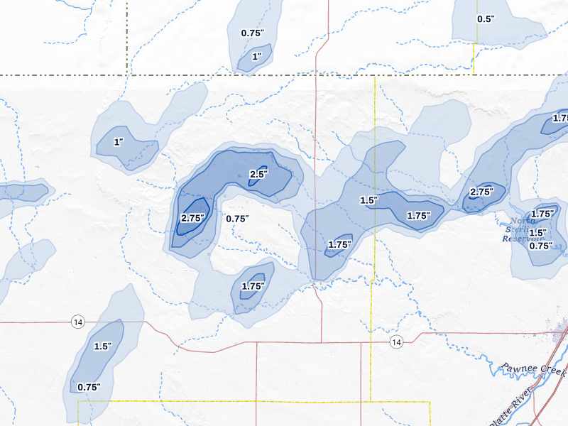 NEXRAD radar-signature map of the hail storm over New Raymer, CO on Jul 1, 2026