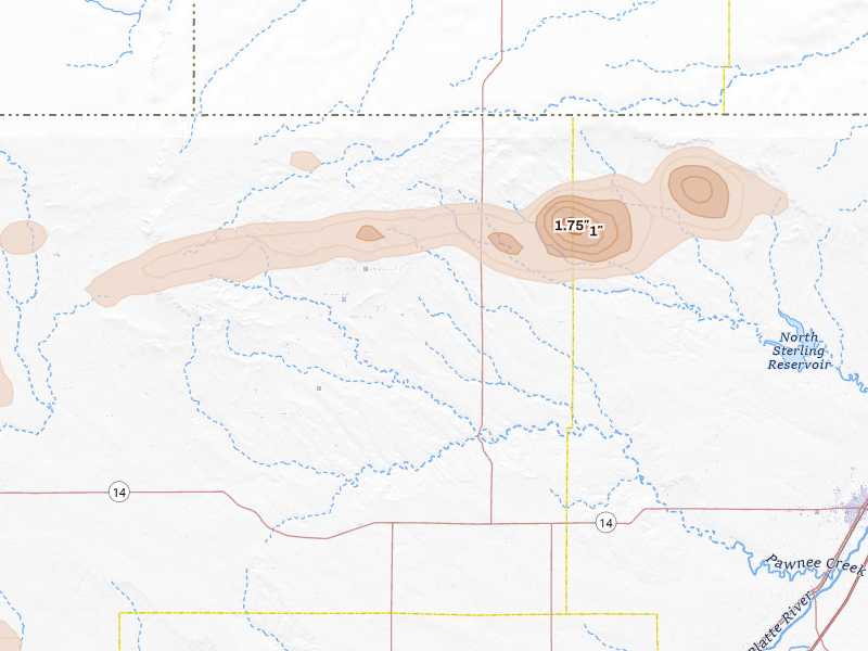 Radar-estimated hail-size map of the storm over New Raymer, CO on Jul 8, 2026