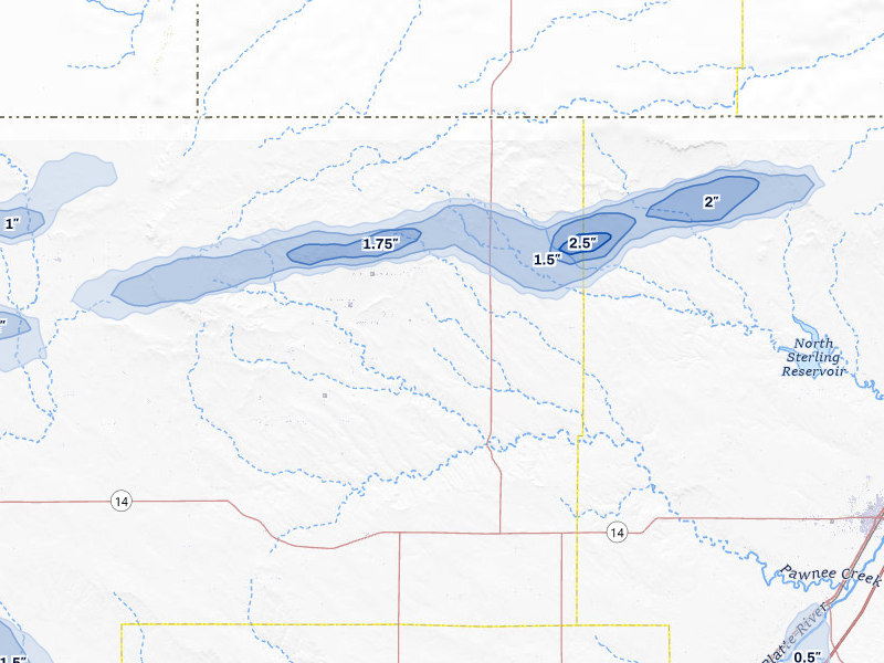 NEXRAD radar-signature map of the hail storm over New Raymer, CO on Jul 8, 2026