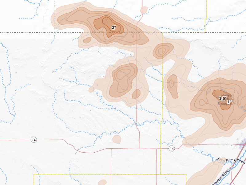 Radar-estimated hail-size map of the storm over New Raymer, CO on Aug 12, 2026