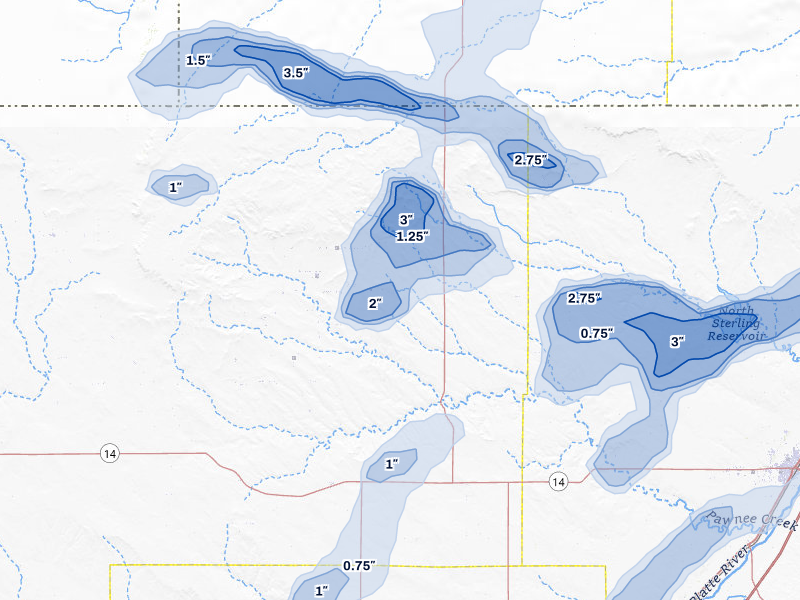 NEXRAD radar-signature map of the hail storm over New Raymer, CO on Aug 12, 2026