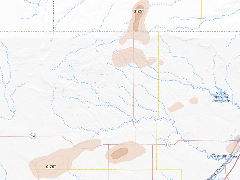 Radar-estimated hail-size map of the storm over New Raymer, CO on Aug 15, 2026