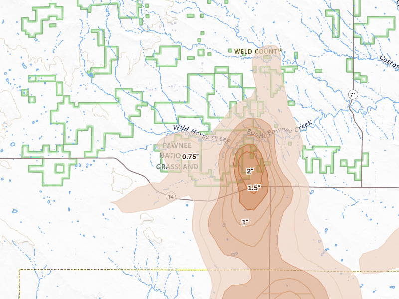 Radar-estimated hail-size map of the storm over New Raymer, CO on Aug 16, 2026