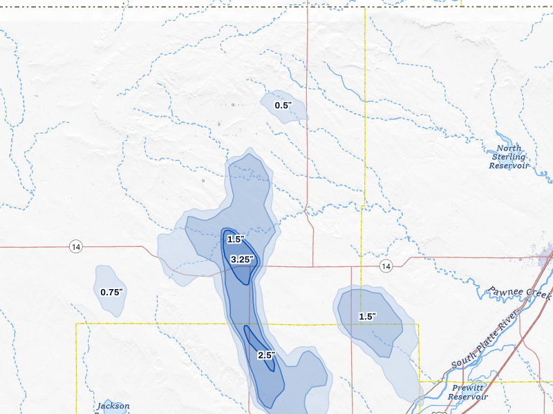 NEXRAD radar-signature map of the hail storm over New Raymer, CO on Aug 16, 2026