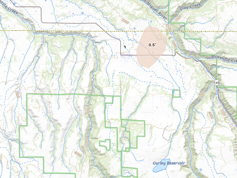 Radar-estimated hail-size map of the storm over Norwood, CO on Aug 12, 2026