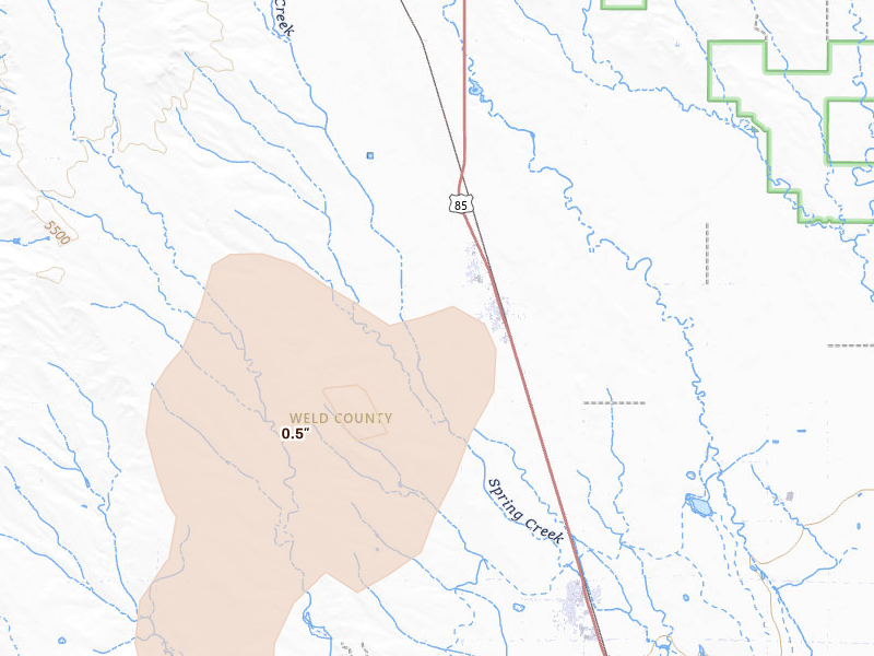 Radar-estimated hail-size map of the storm over Nunn, CO on Jul 21, 2026