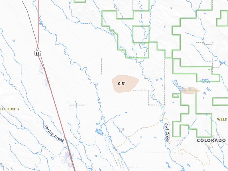 Radar-estimated hail-size map of the storm over Nunn, CO on Aug 15, 2026