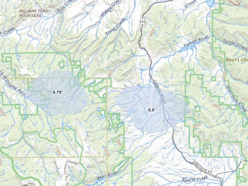 NEXRAD radar-signature map of the hail storm over Oak Creek, CO on Jul 9, 2026