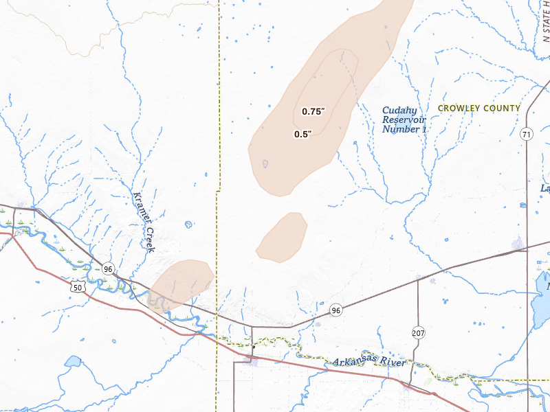 Radar-estimated hail-size map of the storm over Olney Springs, CO on Apr 11, 2026