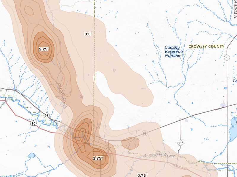 Radar-estimated hail-size map of the storm over Olney Springs, CO on Jun 22, 2026